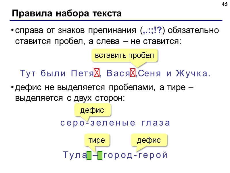 Правила набора текста 45 справа от знаков препинания (,.:;!?) обязательно ставится пробел, а слева